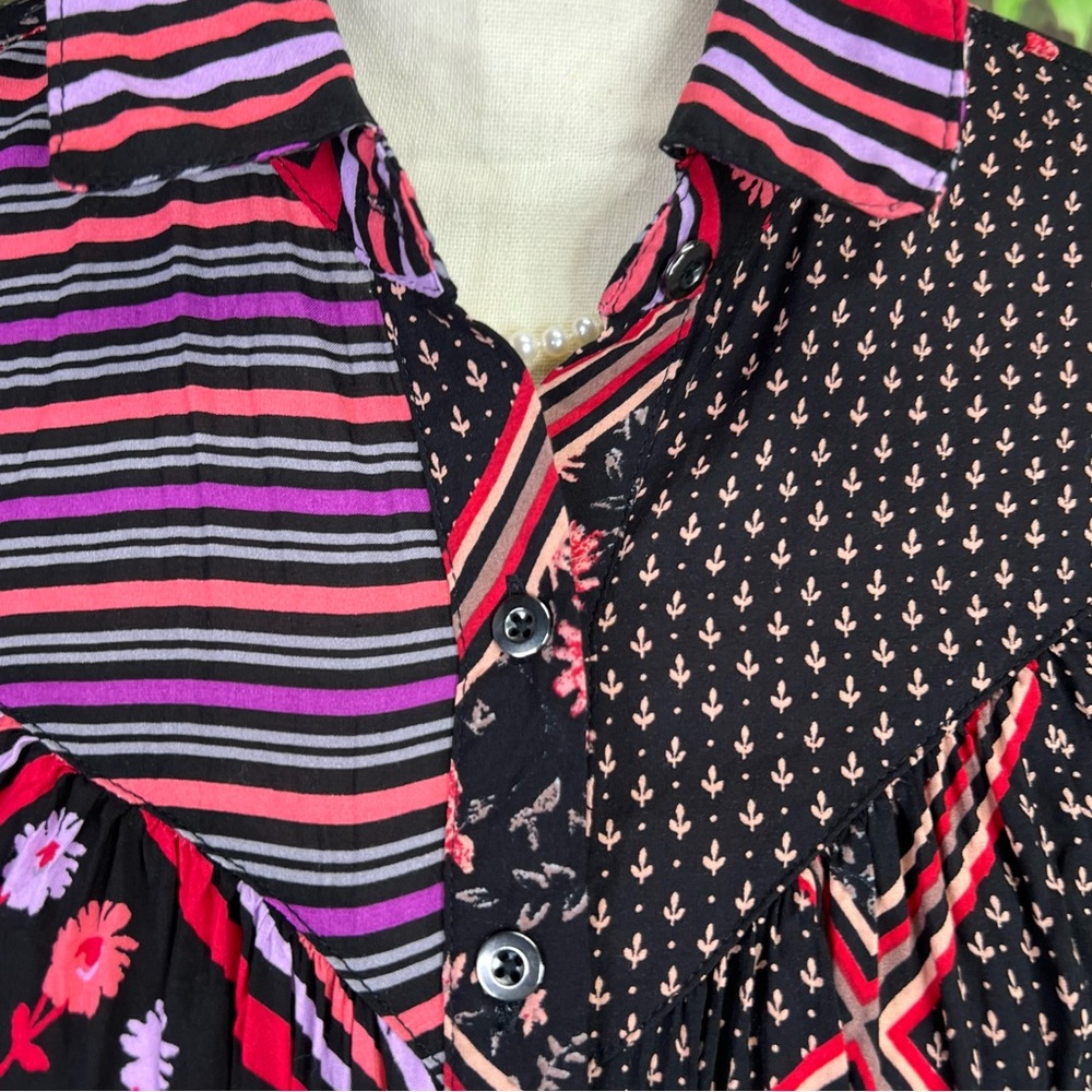 Free People Button-Front Patchwork Boho Blouse, M - image 5